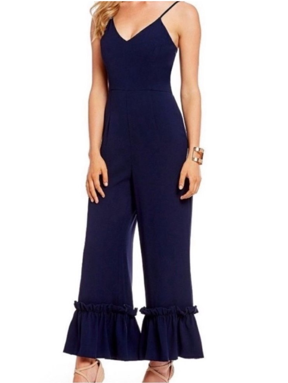Gianni Bini Stella Navy Blue Ruffle Legs Jumpsuit Size 4 NWT Wedding Guest